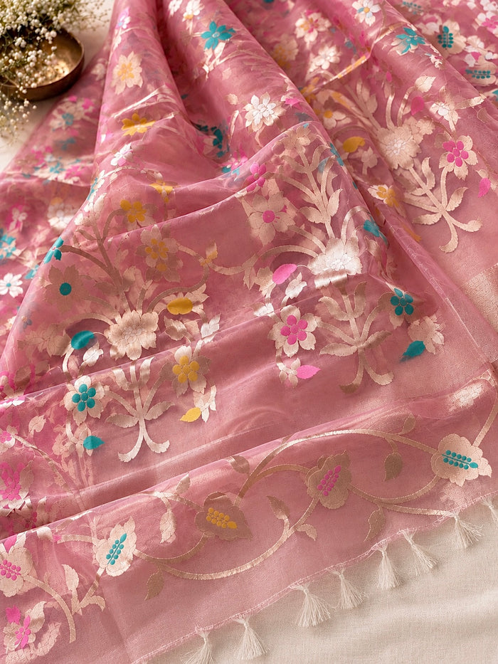 MISTI GOLAP- Pink muslin jamdai zari work comes with blouse piece