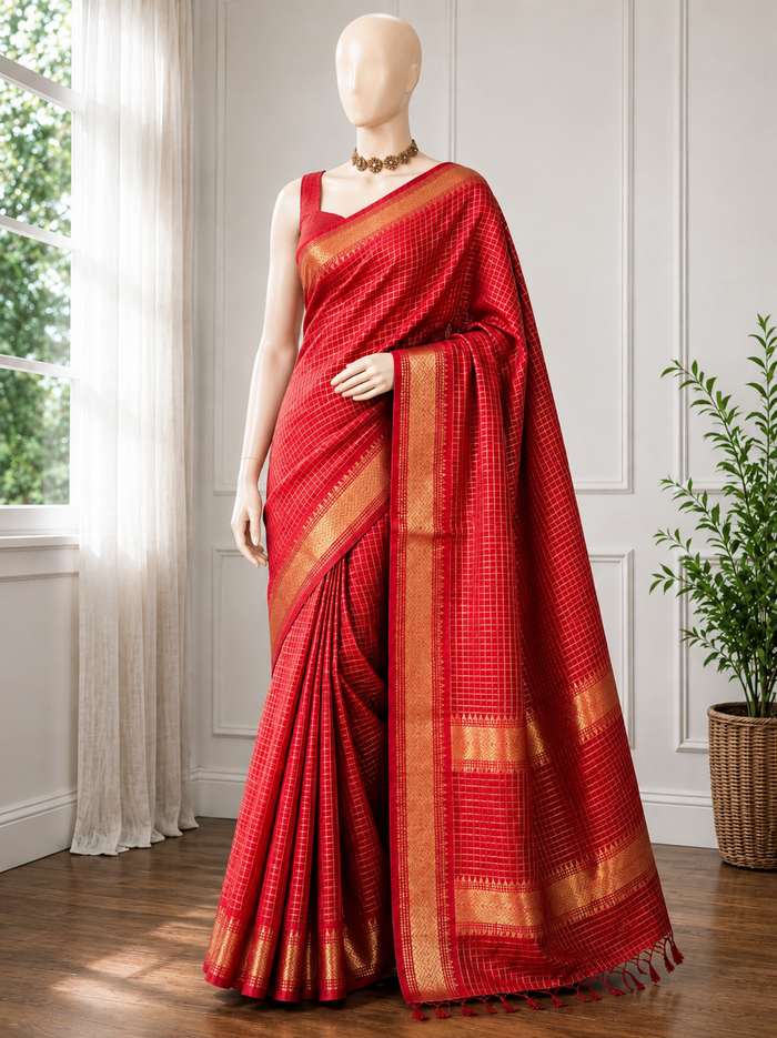 BHORER PAKHI - Red cotton silk saree with gold checks & woven temple border comes with blouse piece.