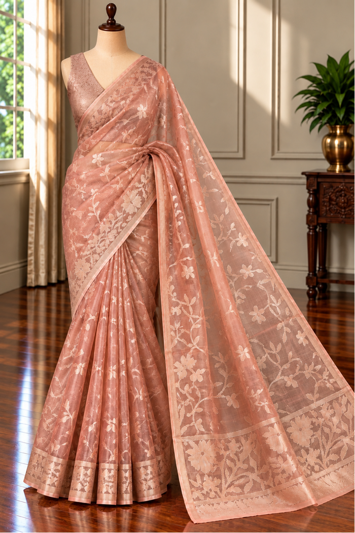 PUJOR AALO - Peach and gold comes with blouse piece