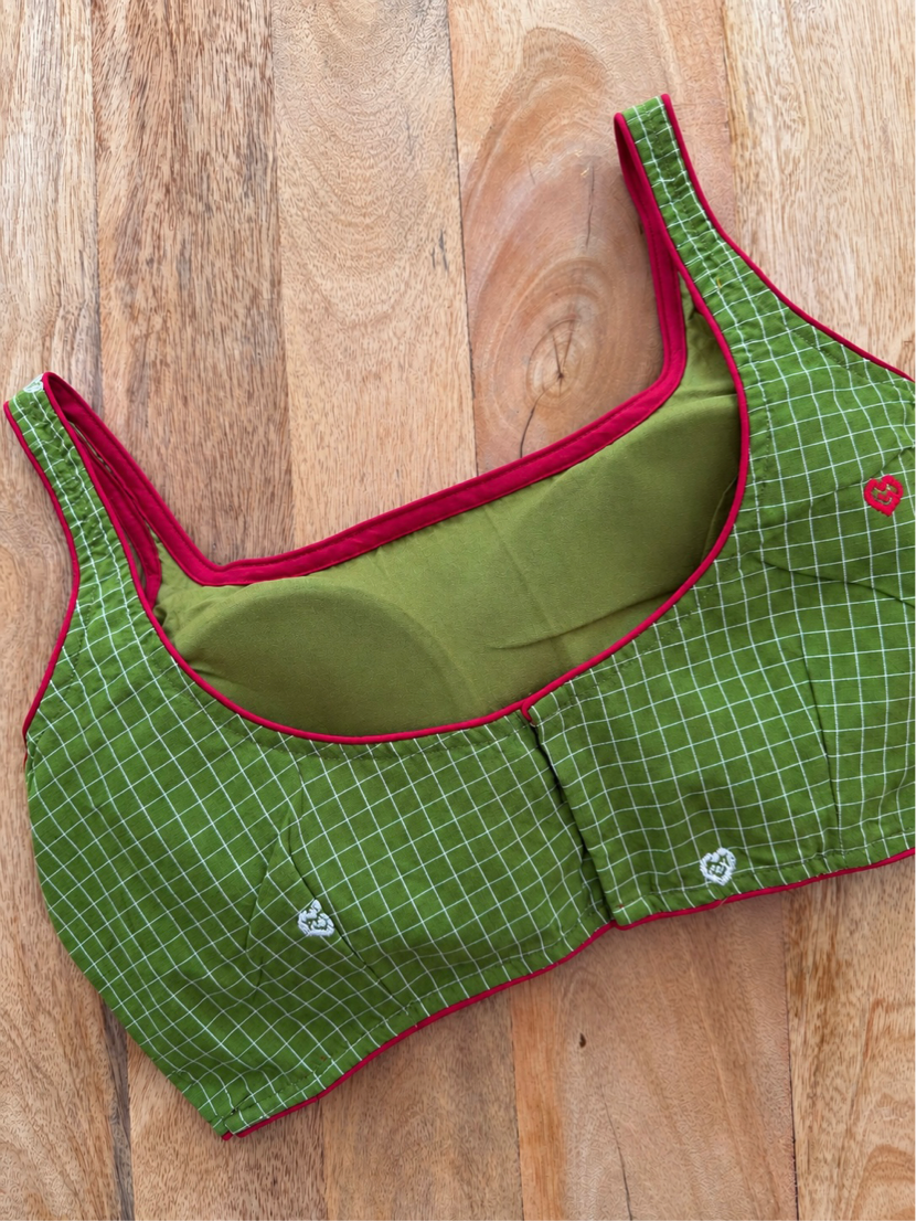 GREEN COTTON CHECK BLOUSE