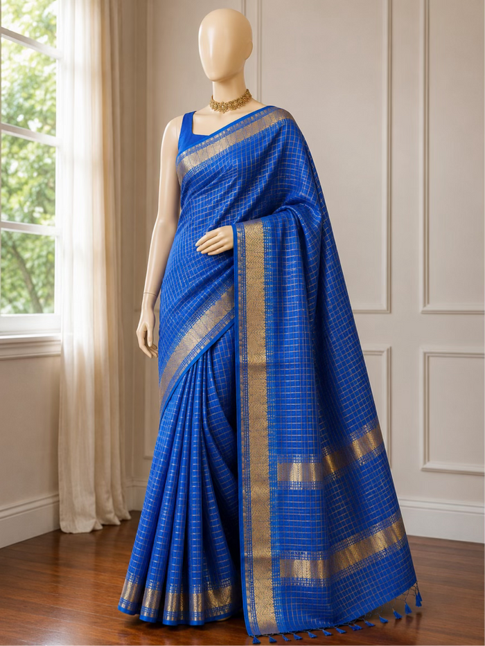 SHONAR KATHI- Blue cotton silk saree with gold checks & woven temple border comes with blouse piece.