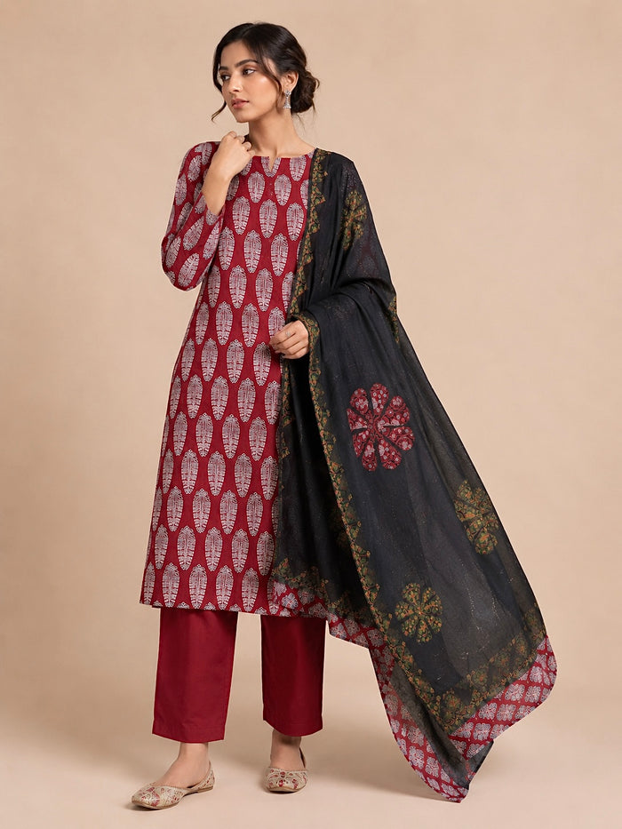 Abhira Red Patchwork-3 Piece Suit Set