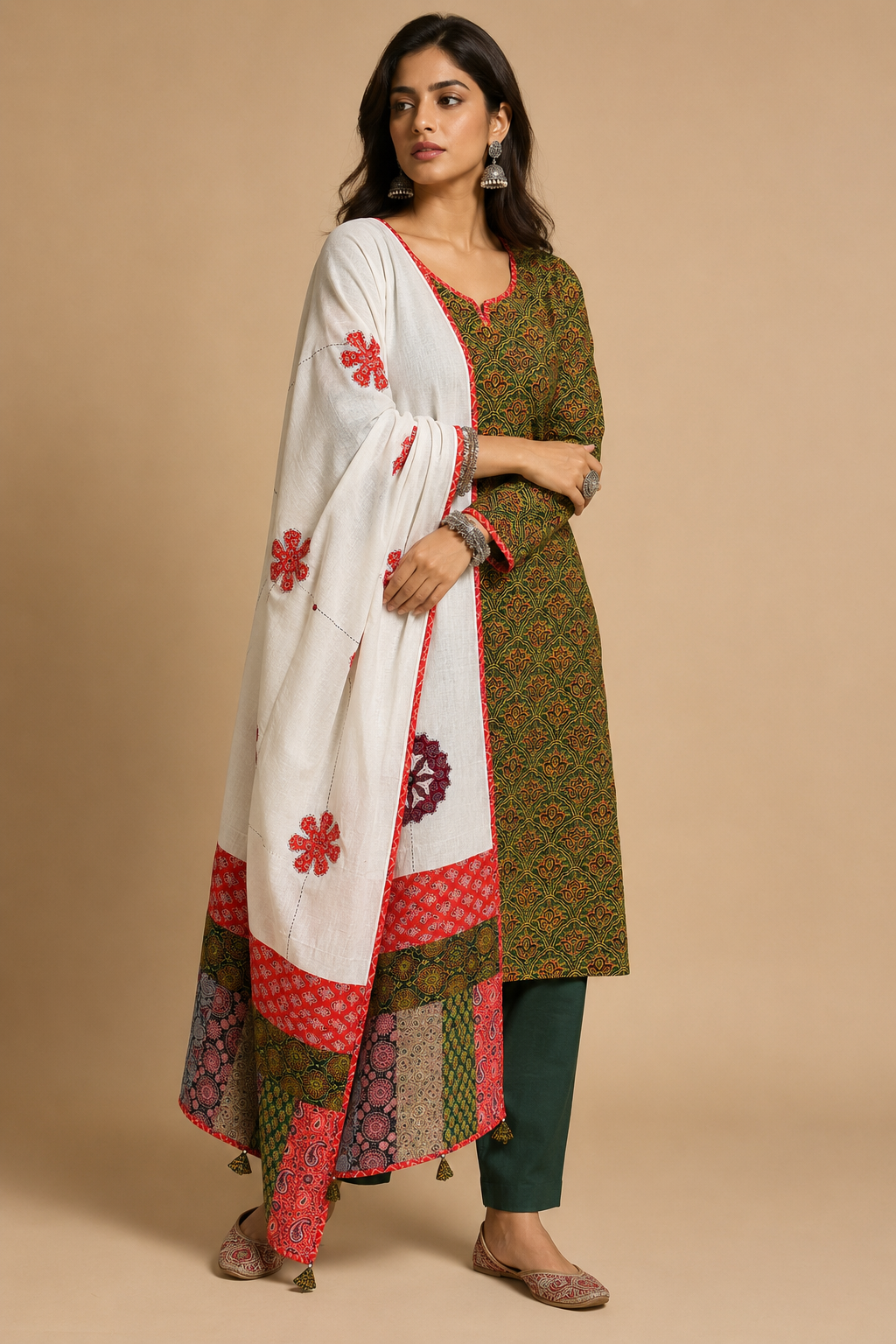 Abhira Green White Patchwork-3 Piece Suit Set