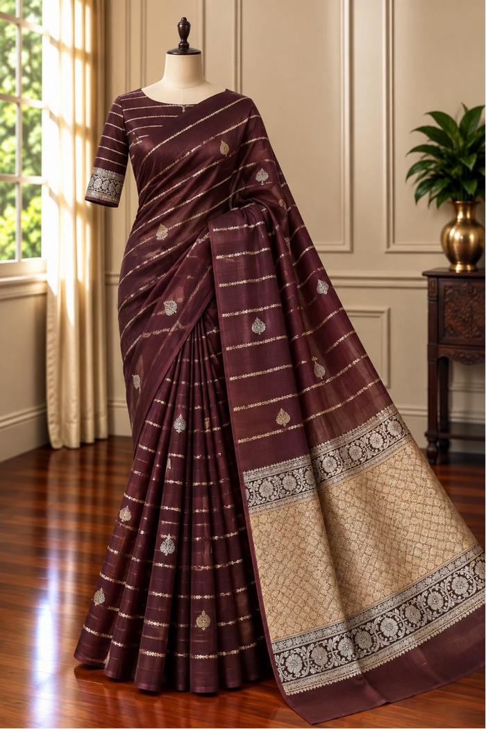 UMBER ZARI - Brown gold zari work comes with blouse piece