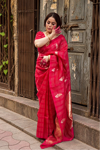 RED CRIMSON ZARI - Deep Red with pink undertone check gold zari work comes with blouse piece