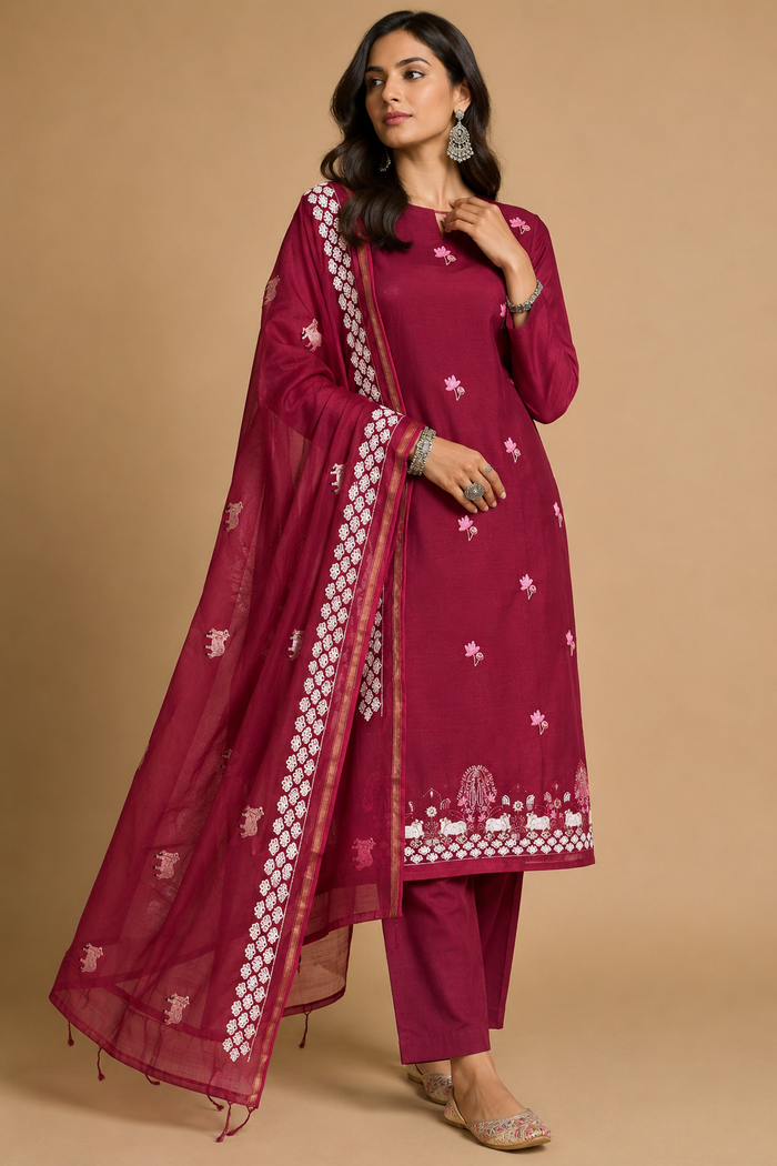 Mehroon Mul-3 Piece Suit Set