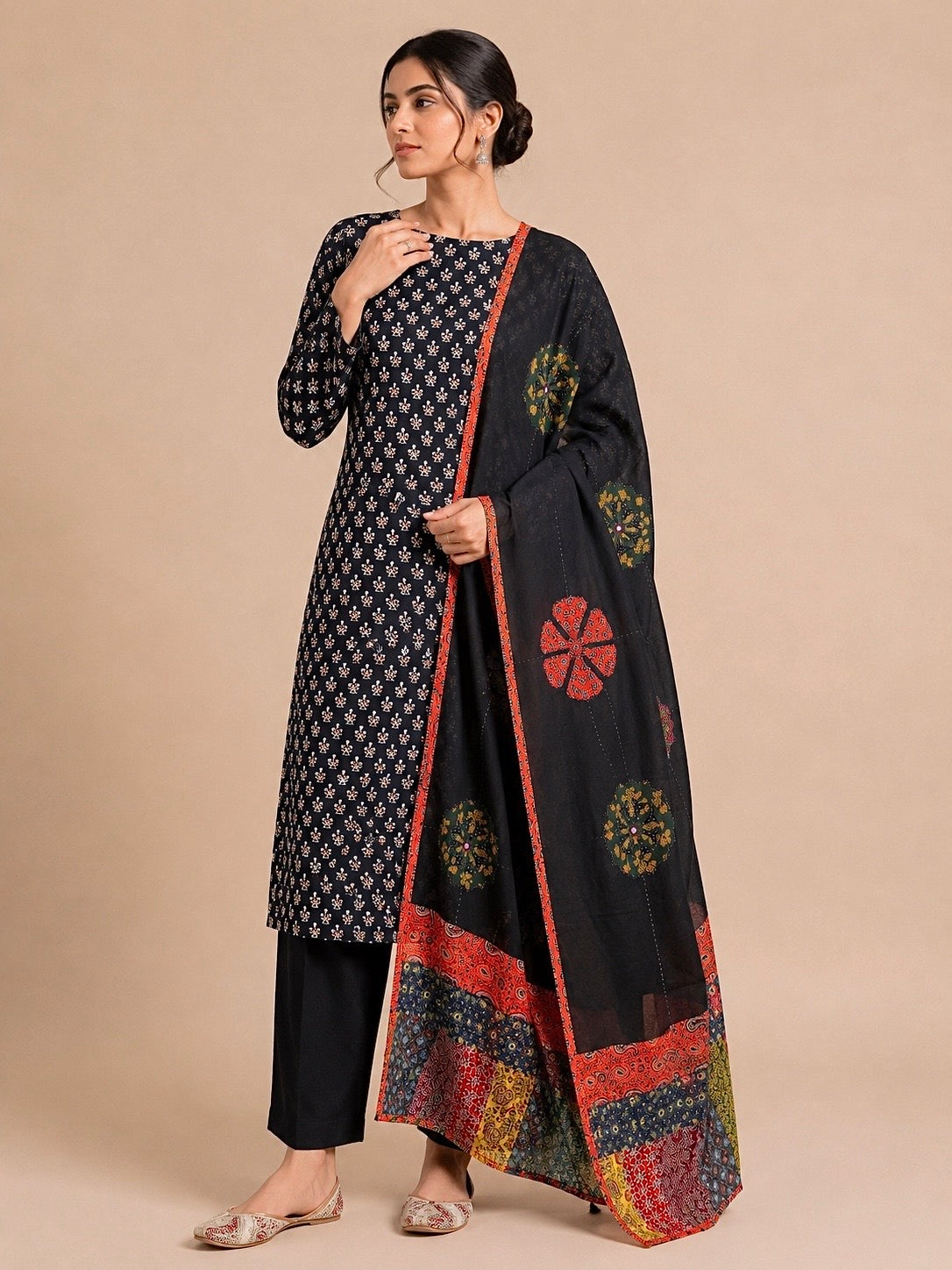 Abhira Black Patchwork-3 Piece Suit Set