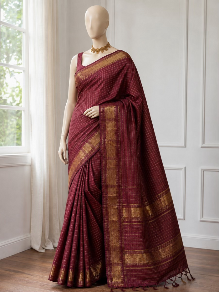 RONGMOYEE- Wine cotton silk saree with gold checks & woven temple border comes with blouse piece.