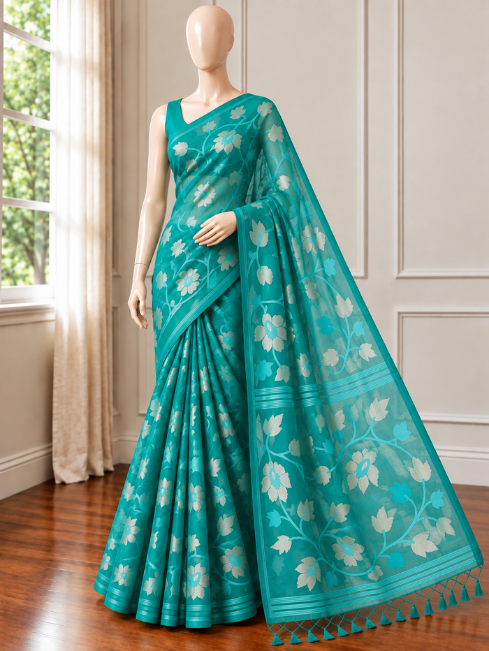 NEEL SABUJ- Green muslin jamdai with zari work comes with blouse piece