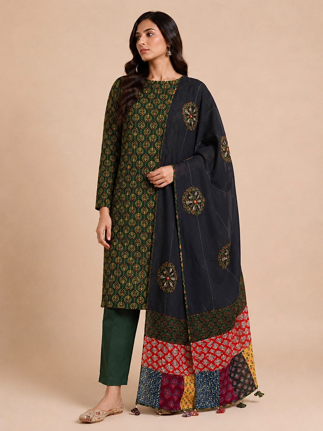 Abhira Green Black Patchwork-3 Piece Suit Set