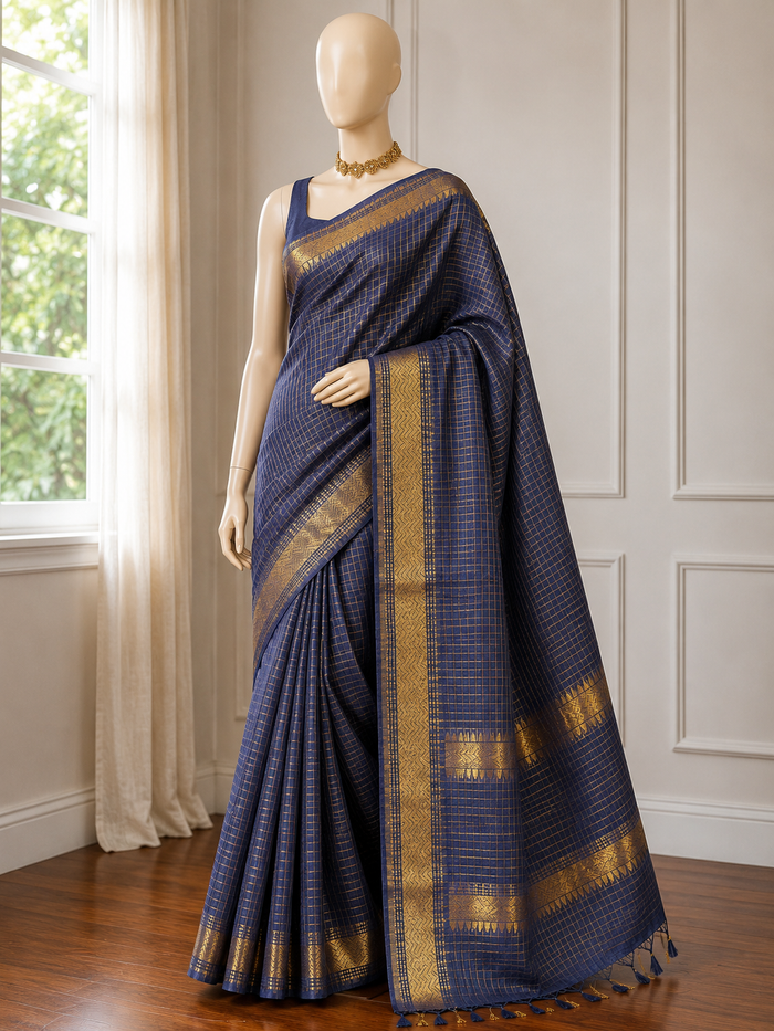 MOYUR PAKHI-  Dusty Navy cotton silk saree with gold checks & woven temple border comes with blouse piece.