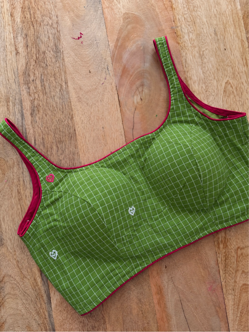 GREEN COTTON CHECK BLOUSE