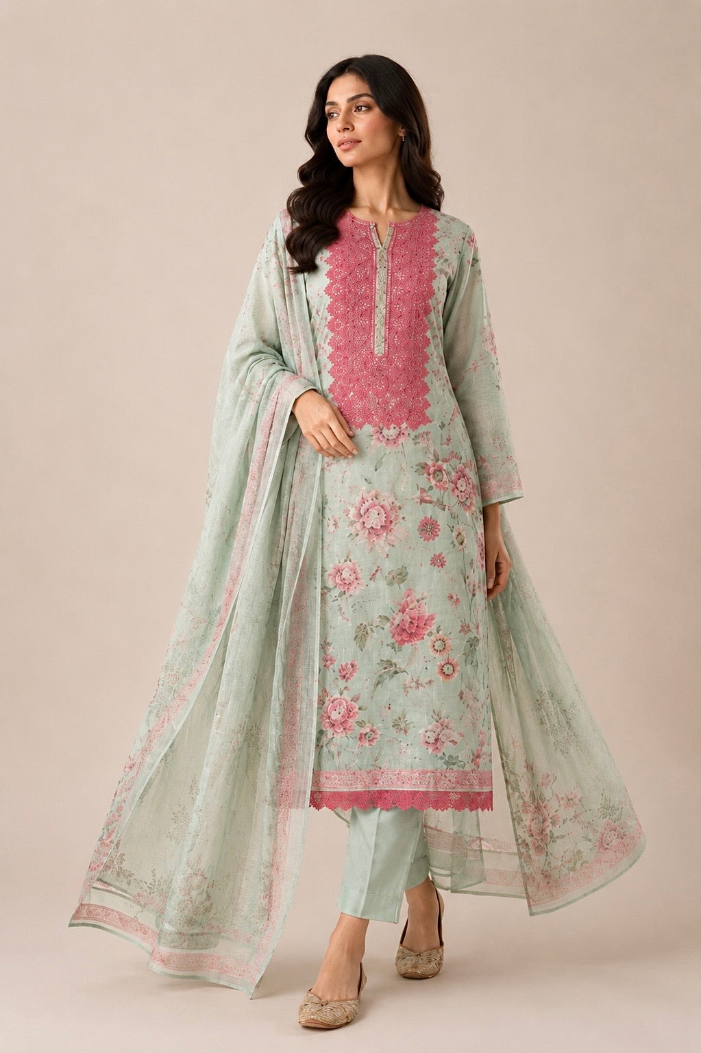 Green Floral Lace-3 Piece Suit Set