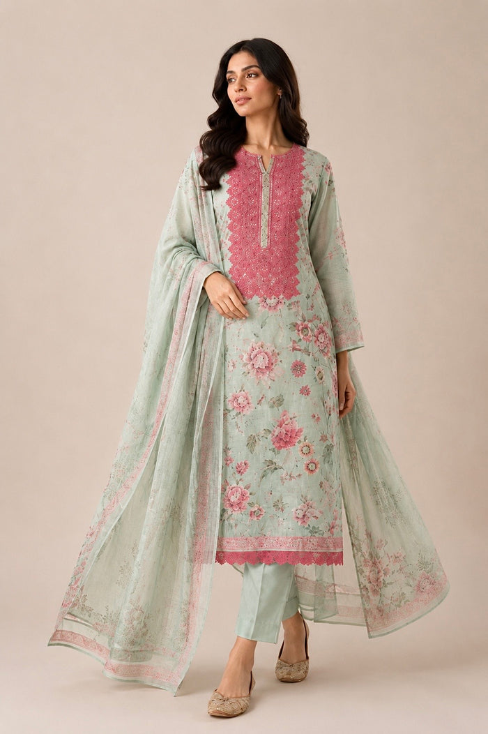 Green Floral Lace-3 Piece Suit Set
