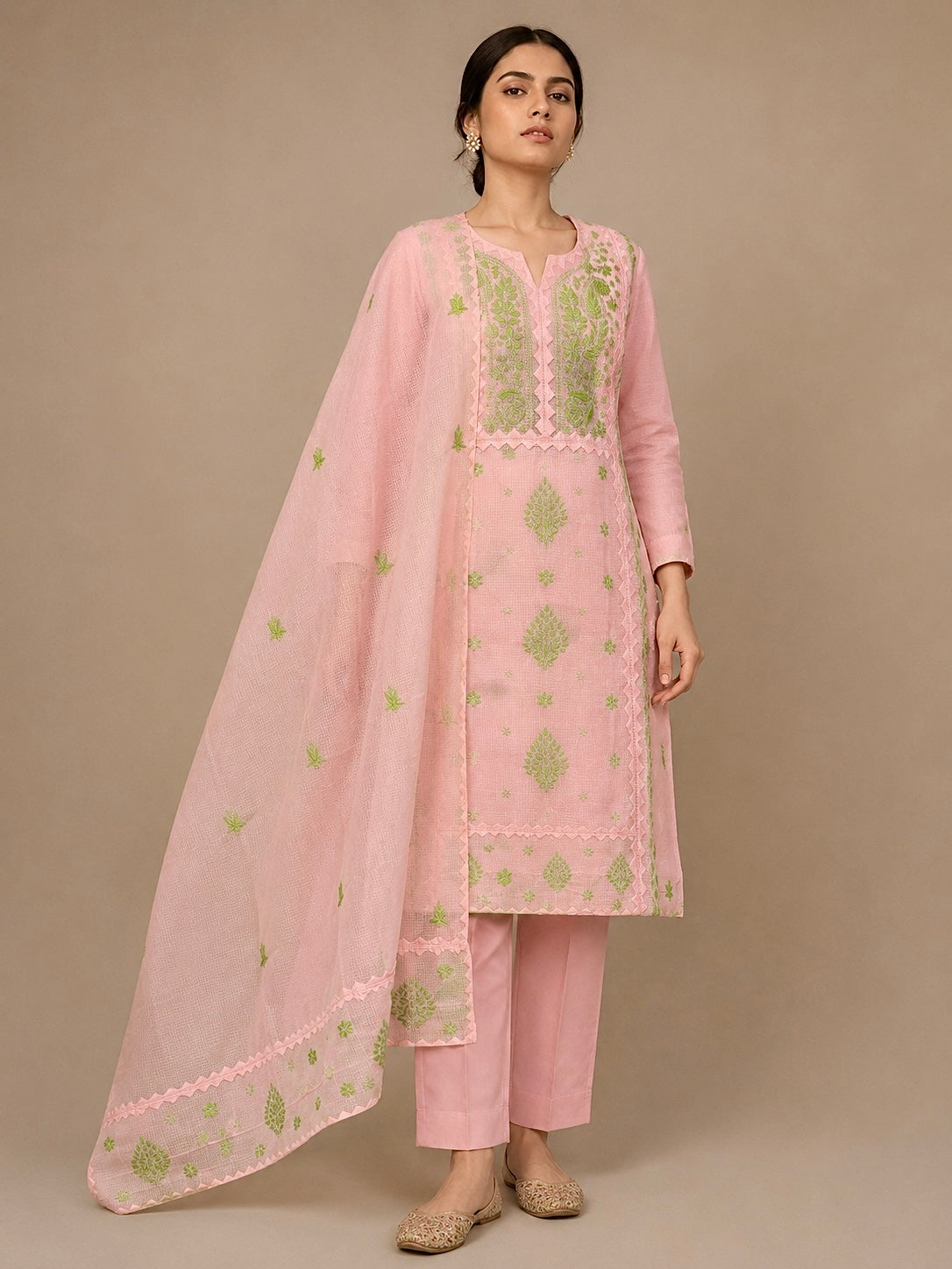 Meher Peach Green Kota Cotton-2 Piece Suit Set