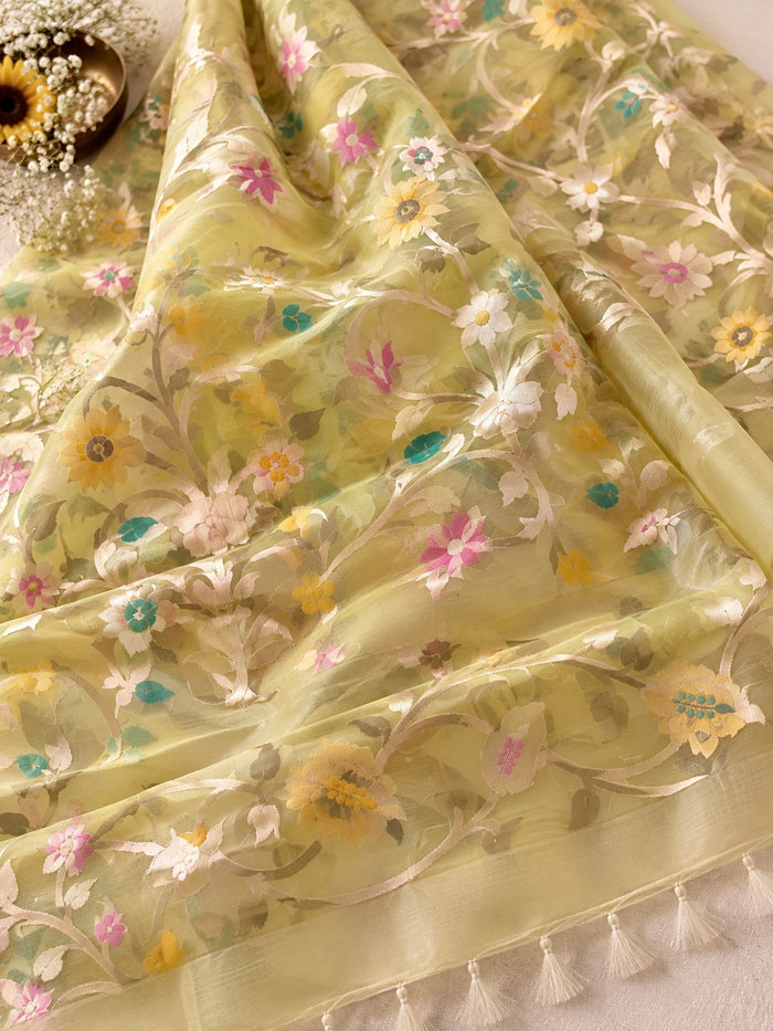 SHONAR ALO- Yellow muslin jamdani zari work comes with blouse piece