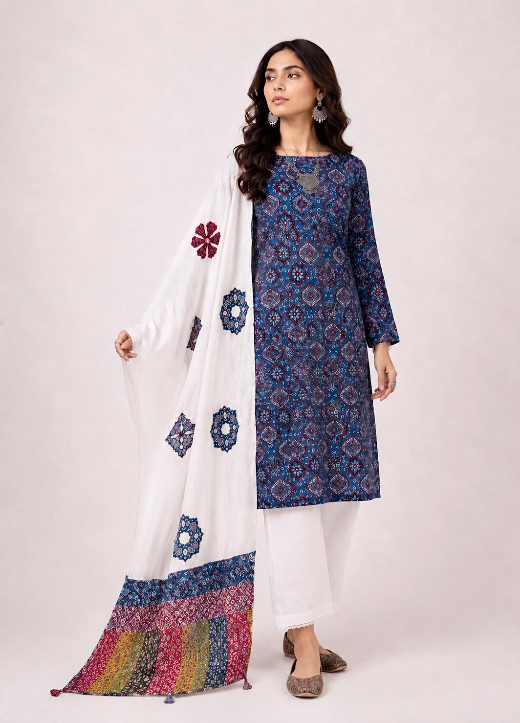Abhira Blue White Patchwork-3 Piece Suit Set