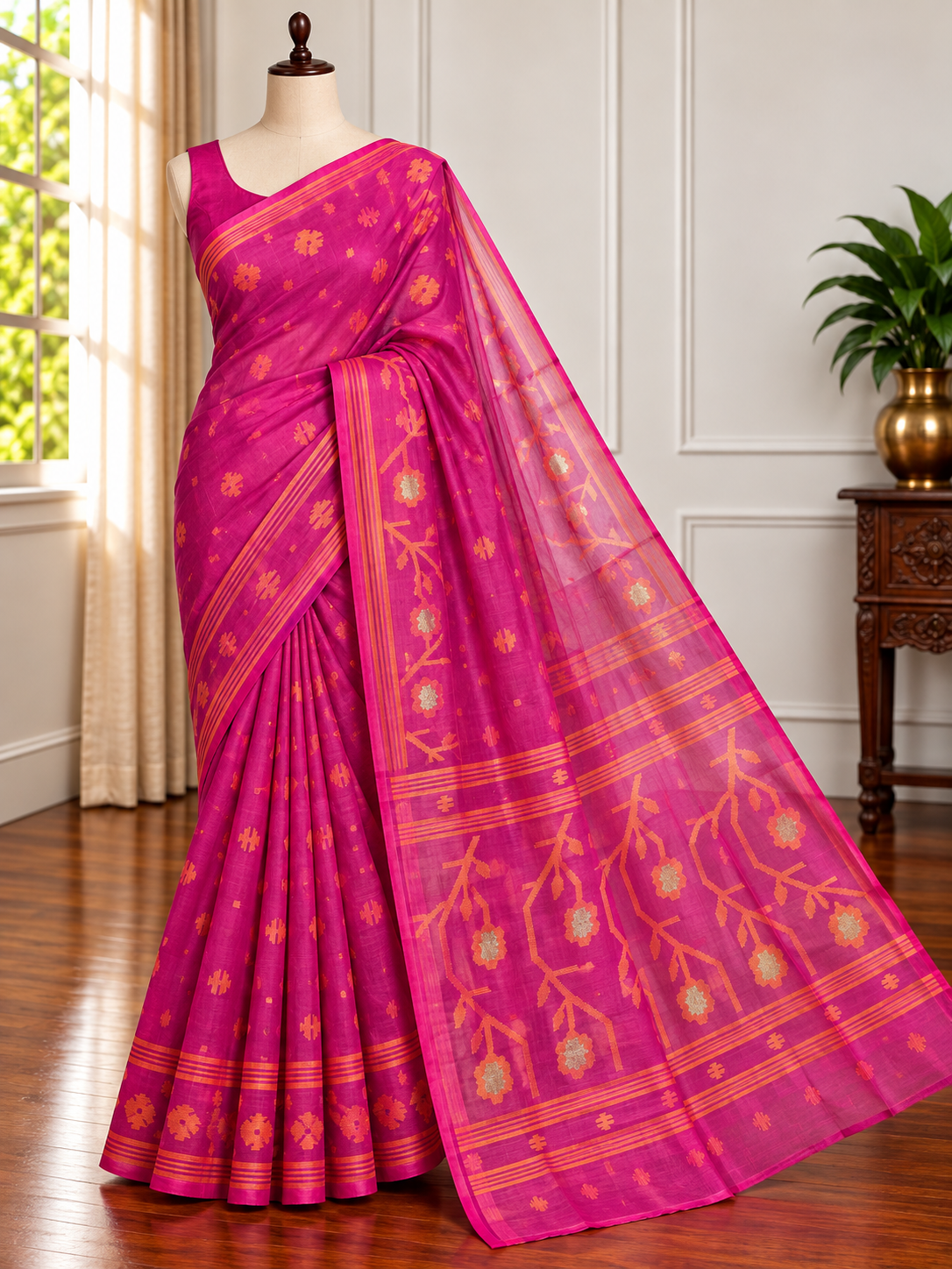GULABI AABHA - Rani pink muslin jamdani hand weaving comes with blouse piece