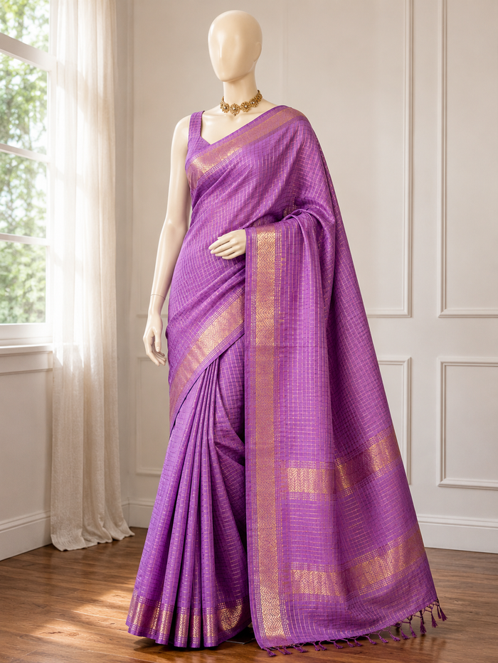 MONPAKHI - Lilac cotton silk saree with gold checks & woven temple border comes with blouse piece.