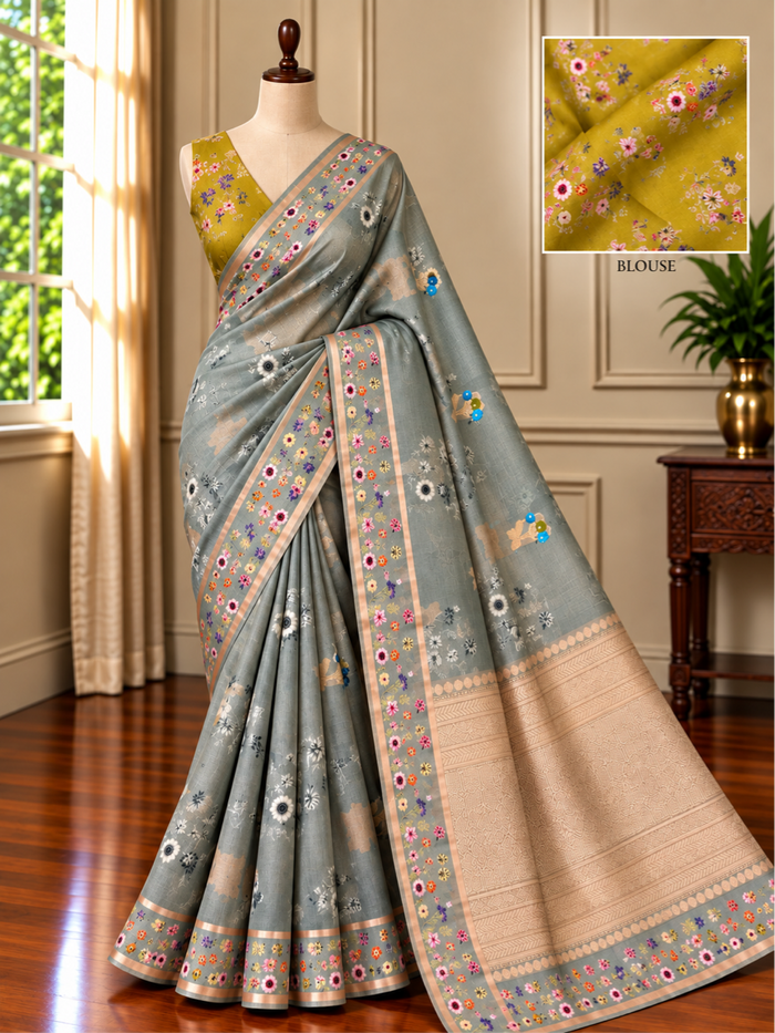 BOTANICAL SAGE - Sea green with gold zari work comes with blouse piece