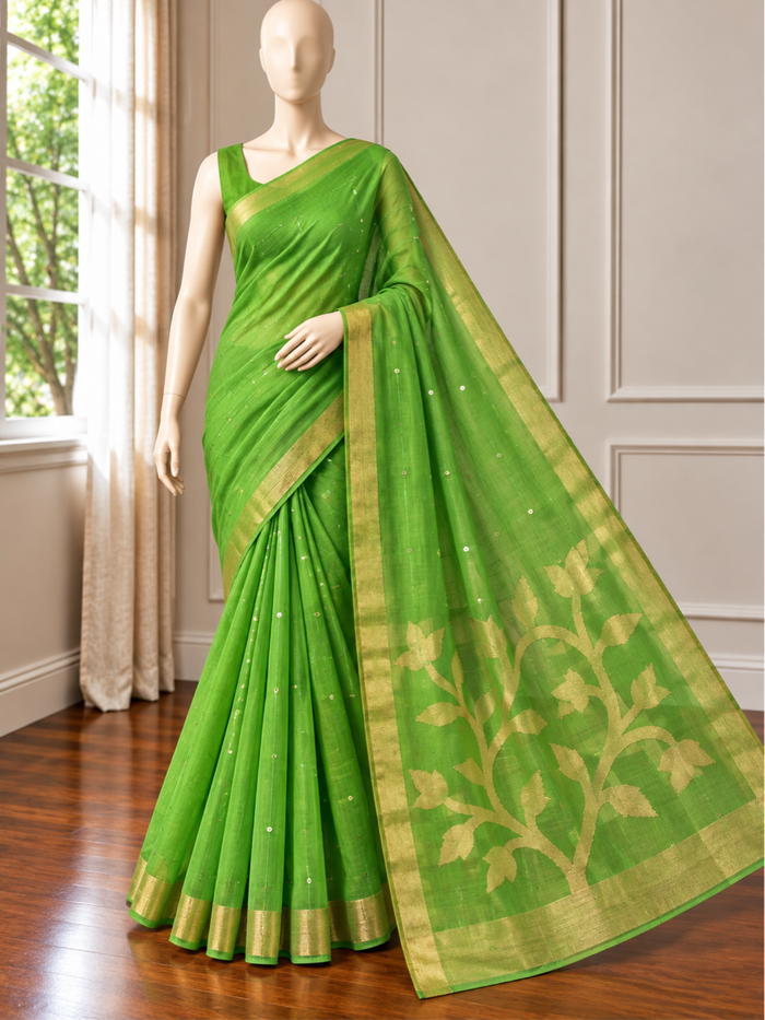 AAM PATTA- Green matka muslin jamdani handwork comes with blouse piece