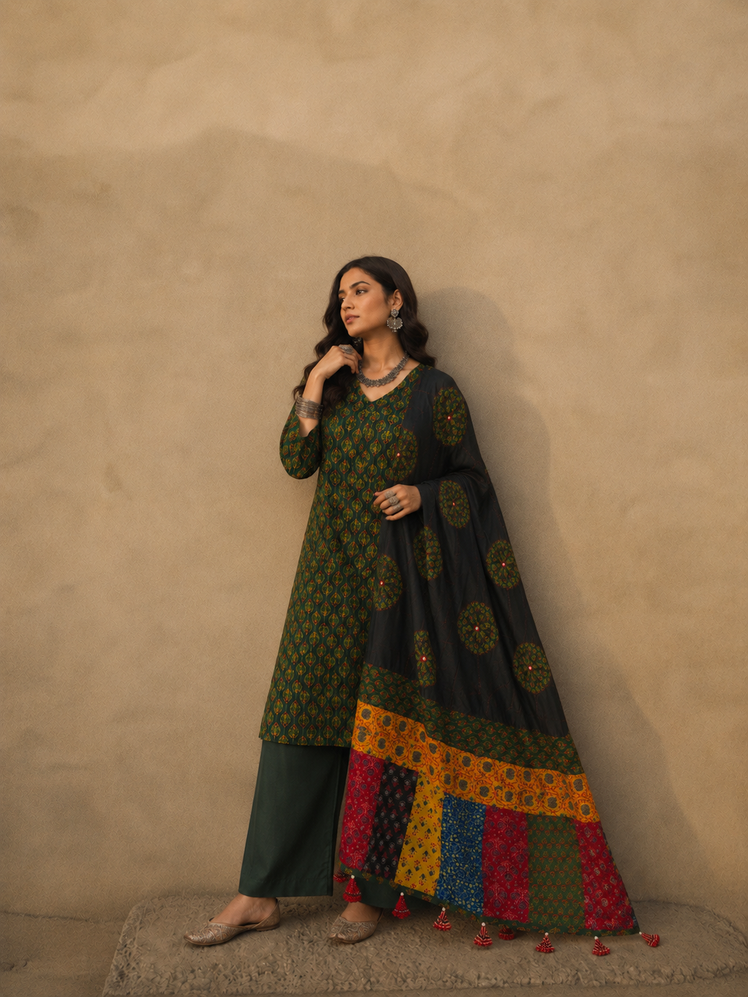 Abhira Green Black Patchwork-3 Piece Suit Set