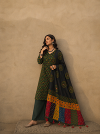 Abhira Green Black Patchwork-3 Piece Suit Set