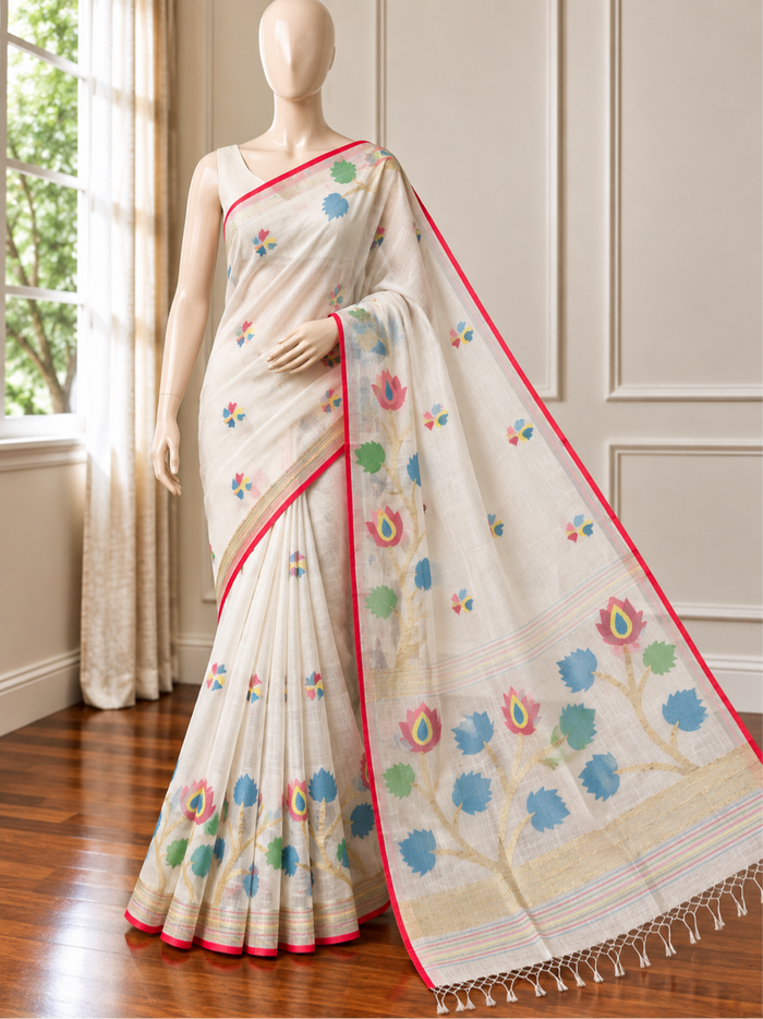 AALTA PAAR - White muslin jamdani handwork comes with blouse piece