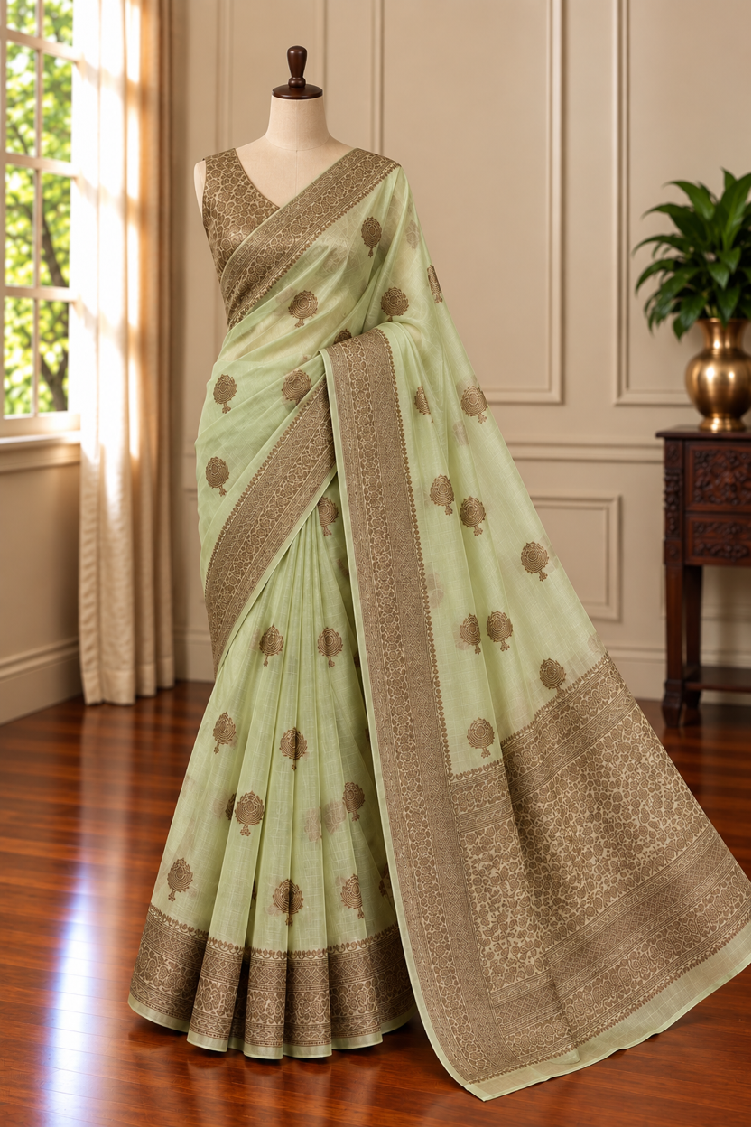 MINT HERITAGE - Pista green with antique gold zari work comes with blouse piece