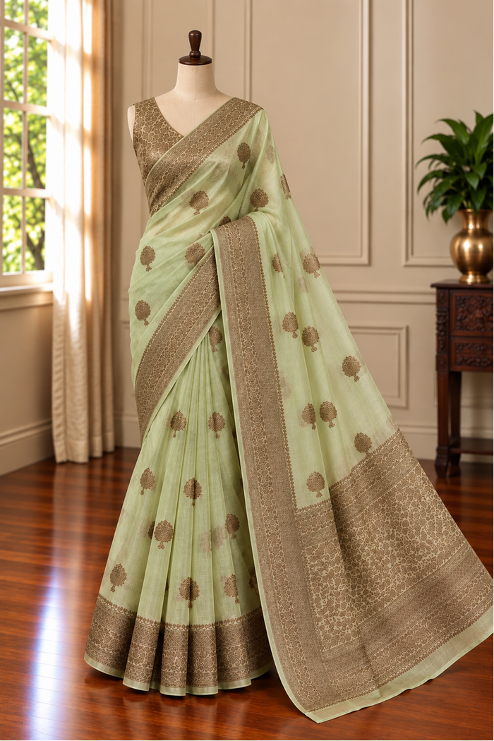 MINT HERITAGE - Pista green with antique gold zari work comes with blouse piece