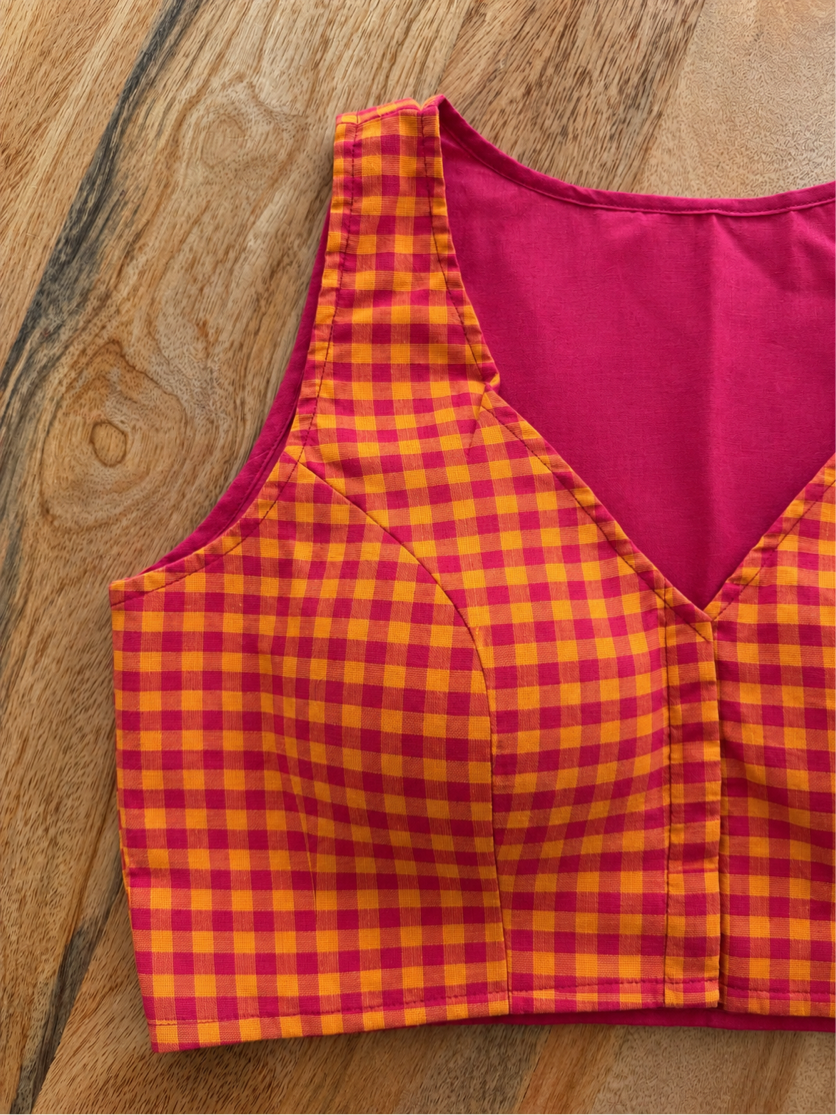 ORANGE AND RED CHECK COTTON BLOUSE