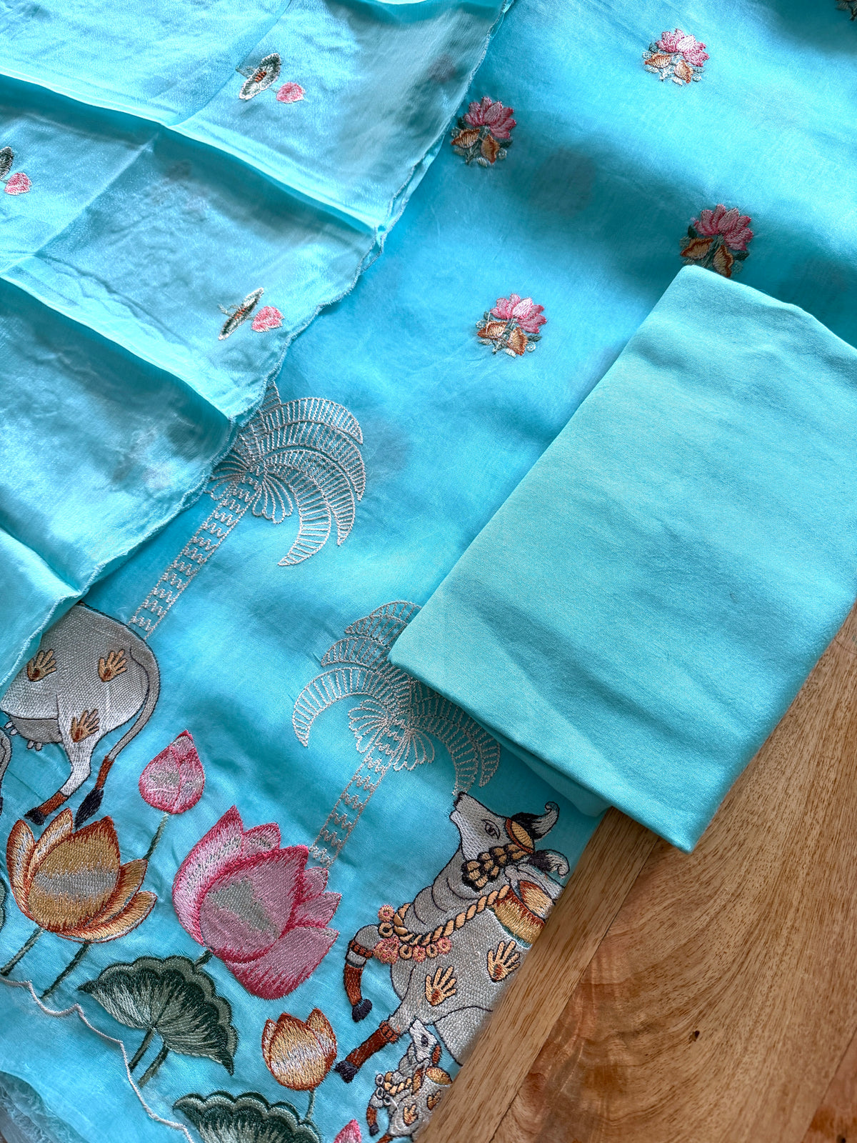 Bright Azure Lotus Garden- 3 Piece Suit Set