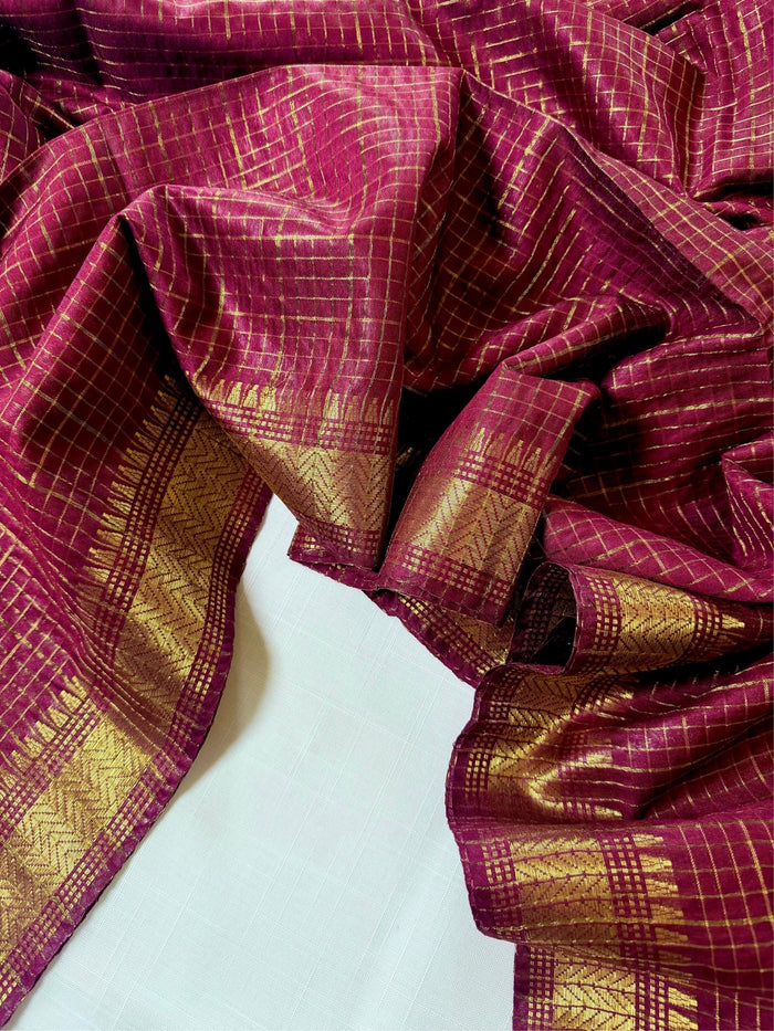 RONGMOYEE- Wine cotton silk saree with gold checks & woven temple border comes with blouse piece.