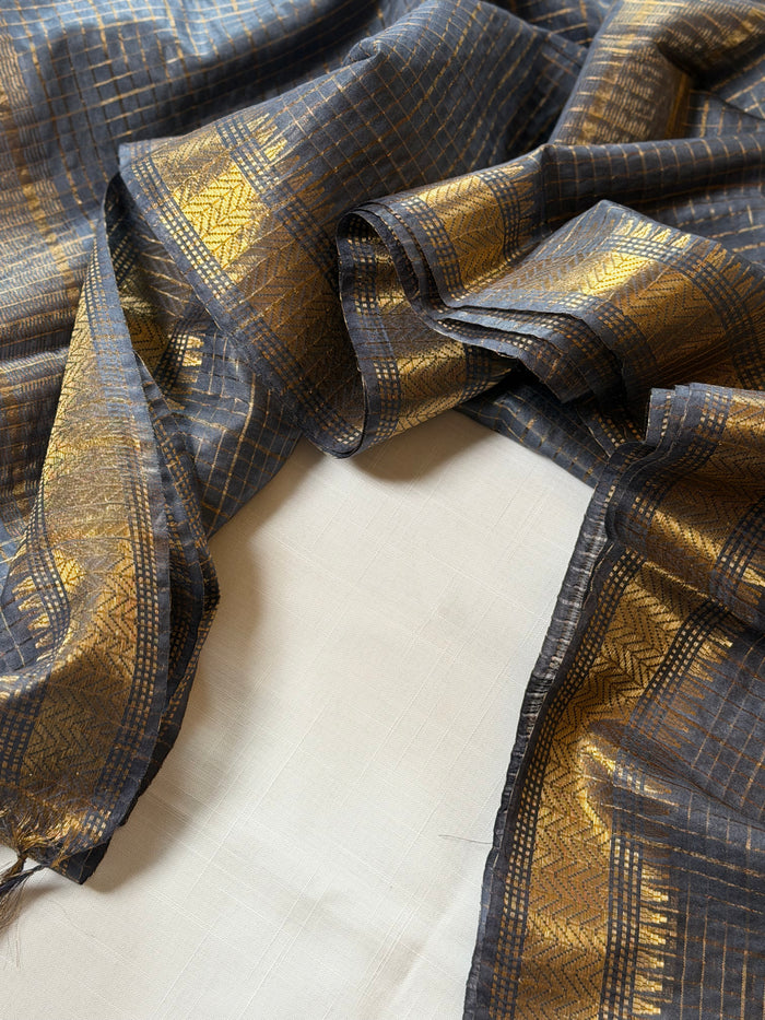 MEGHLA- Bluish grey cotton silk saree with gold checks & woven temple border comes with blouse piece.
