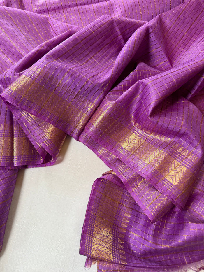 MONPAKHI - Lilac cotton silk saree with gold checks & woven temple border comes with blouse piece.