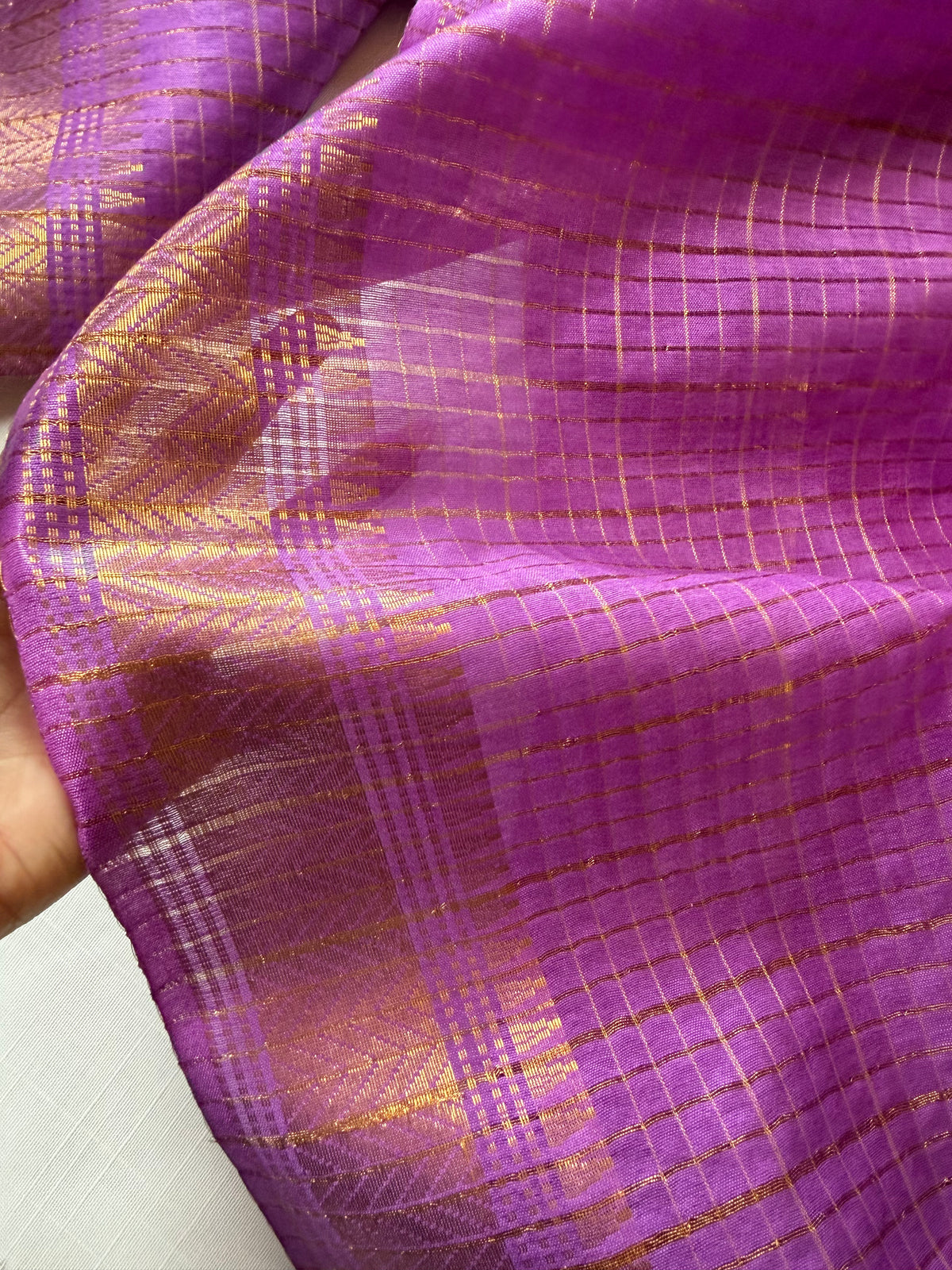 MONPAKHI - Lilac cotton silk saree with gold checks & woven temple border comes with blouse piece.