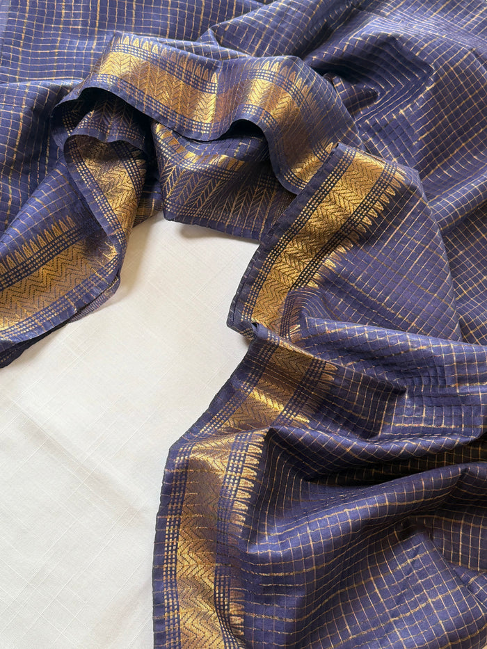 MOYUR PAKHI-  Dusty Navy cotton silk saree with gold checks & woven temple border comes with blouse piece.