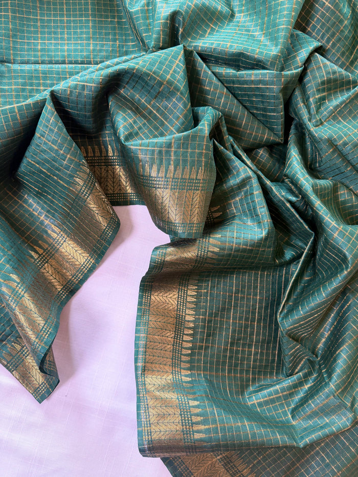 PATAR GAAN- Green cotton silk saree with gold checks & woven temple border comes with blouse piece.