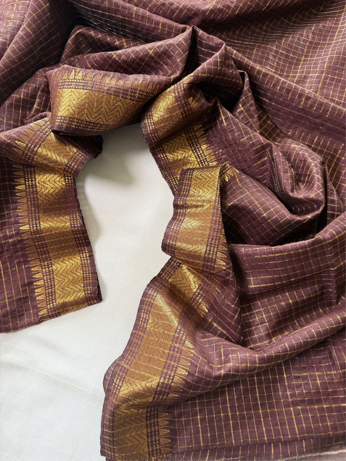 MATI RONG -Brown cotton silk saree with gold checks & woven temple border comes with blouse piece.