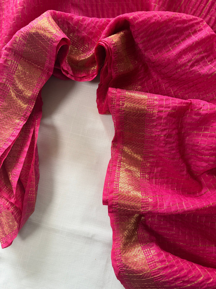 SHONA BOU- Pink cotton silk saree with gold checks & woven temple border comes with blouse piece.