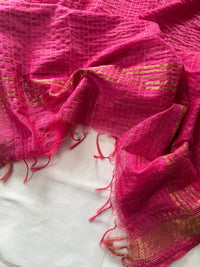 SHONA BOU- Pink cotton silk saree with gold checks & woven temple border comes with blouse piece.