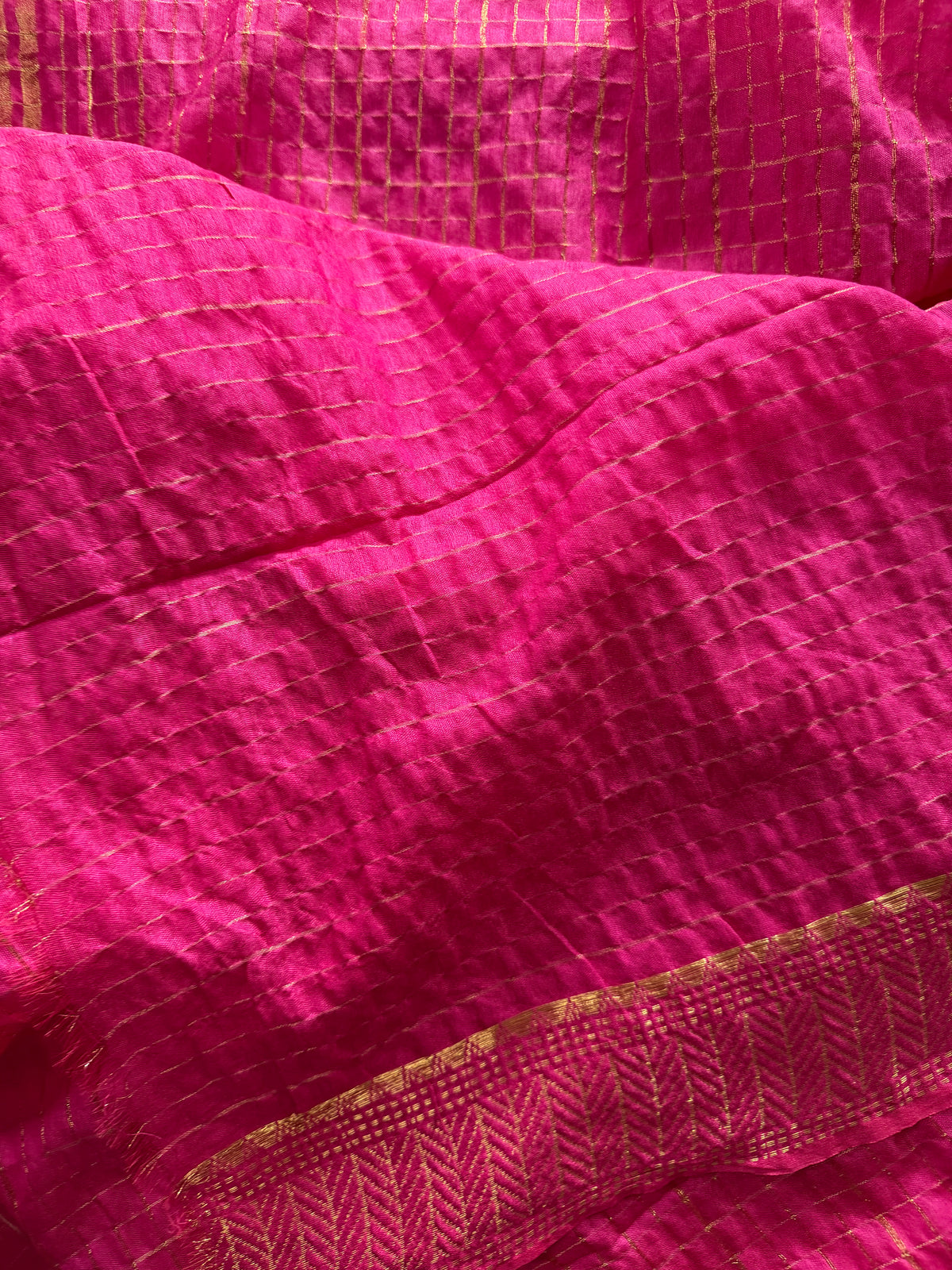 SHONA BOU- Pink cotton silk saree with gold checks & woven temple border comes with blouse piece.