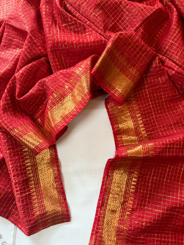 BHORER PAKHI - Red cotton silk saree with gold checks & woven temple border comes with blouse piece.