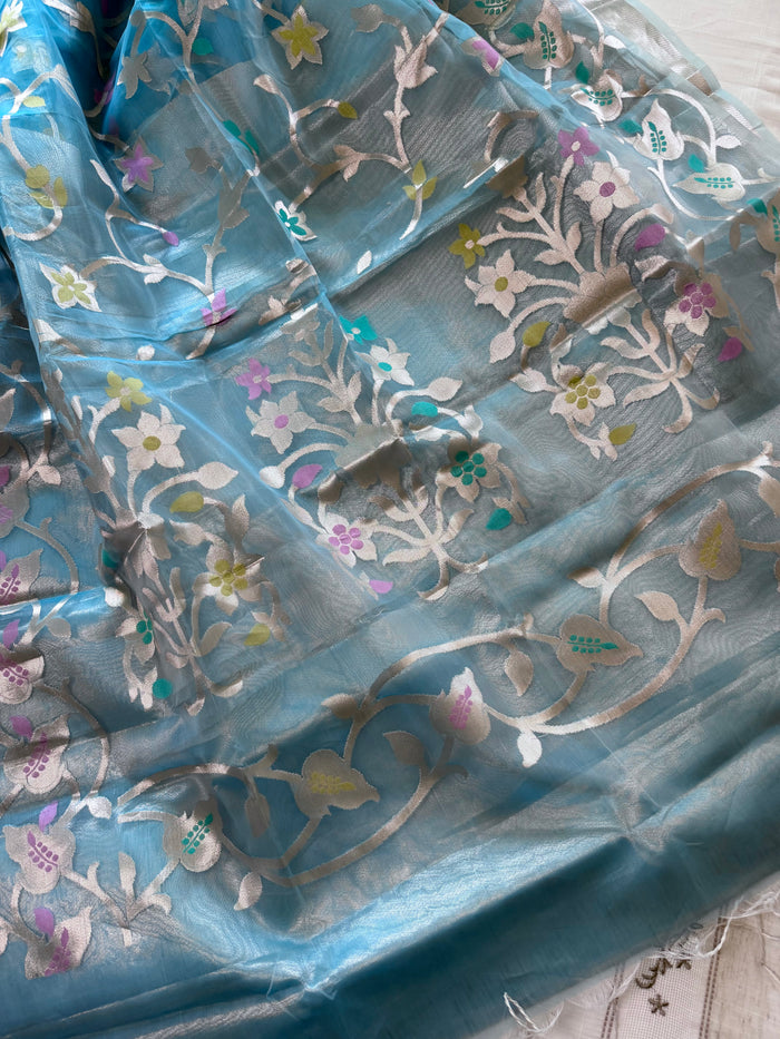 AKASH KOLI- Pastel blue muslin jamdani zari work comes with blouse piece