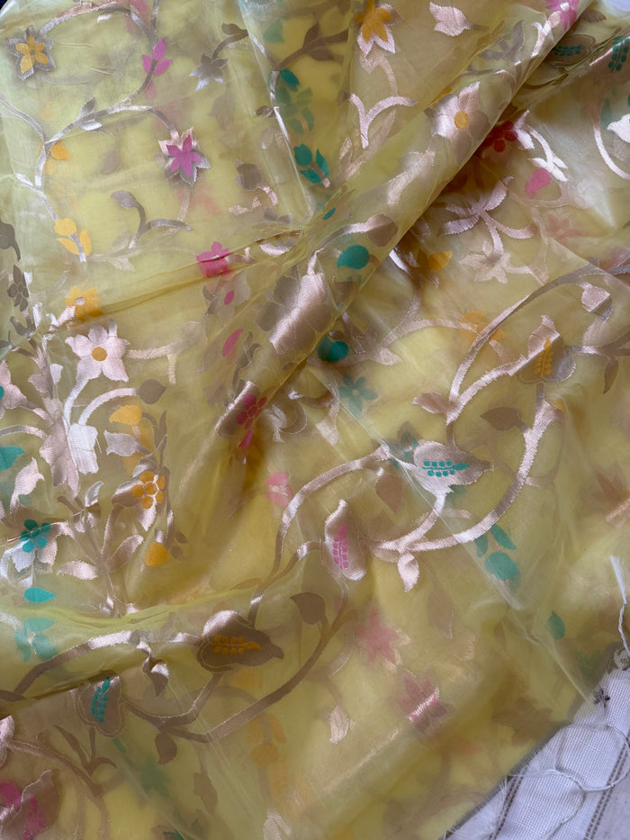 SHONAR ALO- Yellow muslin jamdani zari work comes with blouse piece