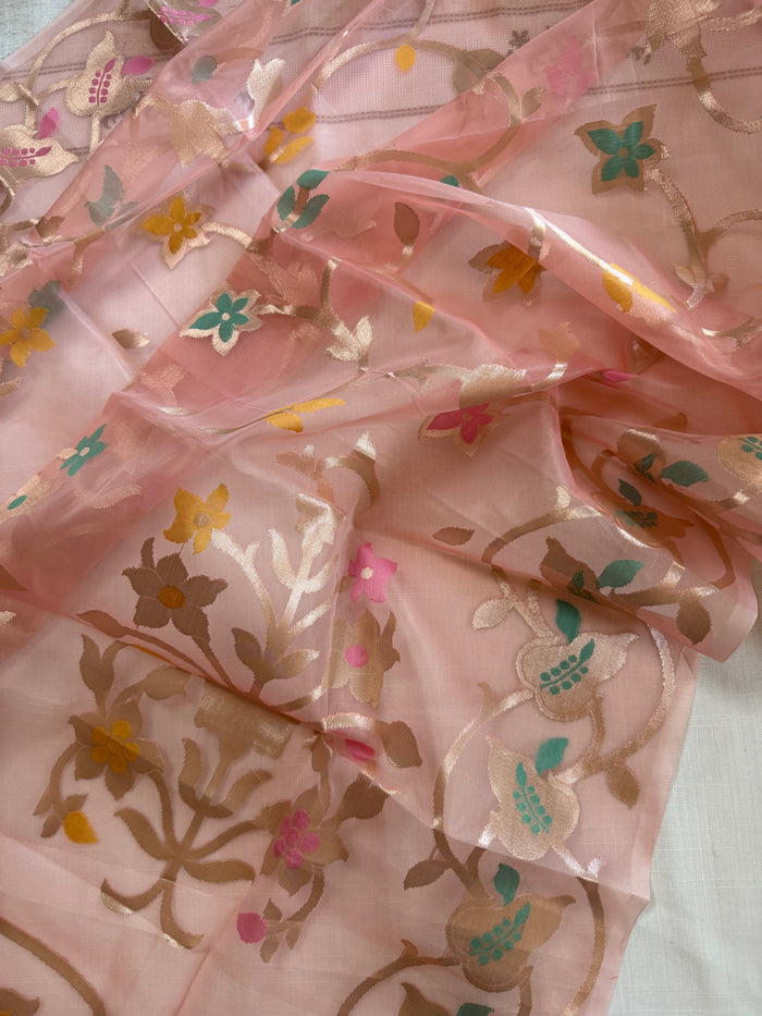 SHONALI PHOOL- Orange muslin jamdani zari work comes with blouse piece