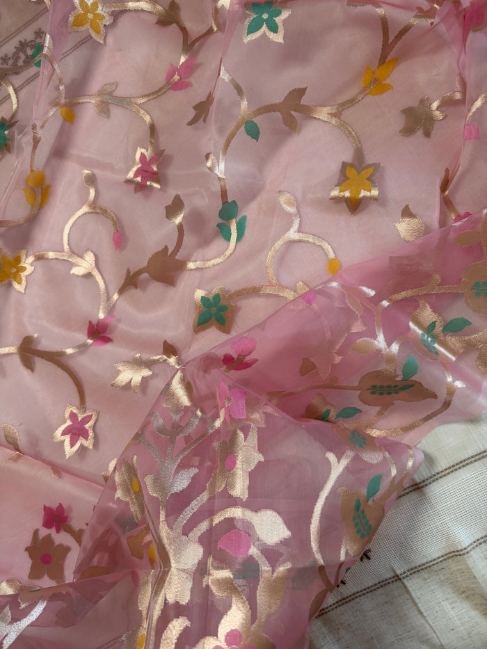 MISTI GOLAP- Pink muslin jamdai zari work comes with blouse piece