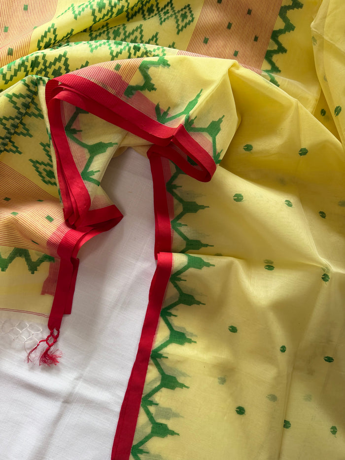 HOLUD PAAR- Light yellow muslin jamdani handwork comes with blouse piece