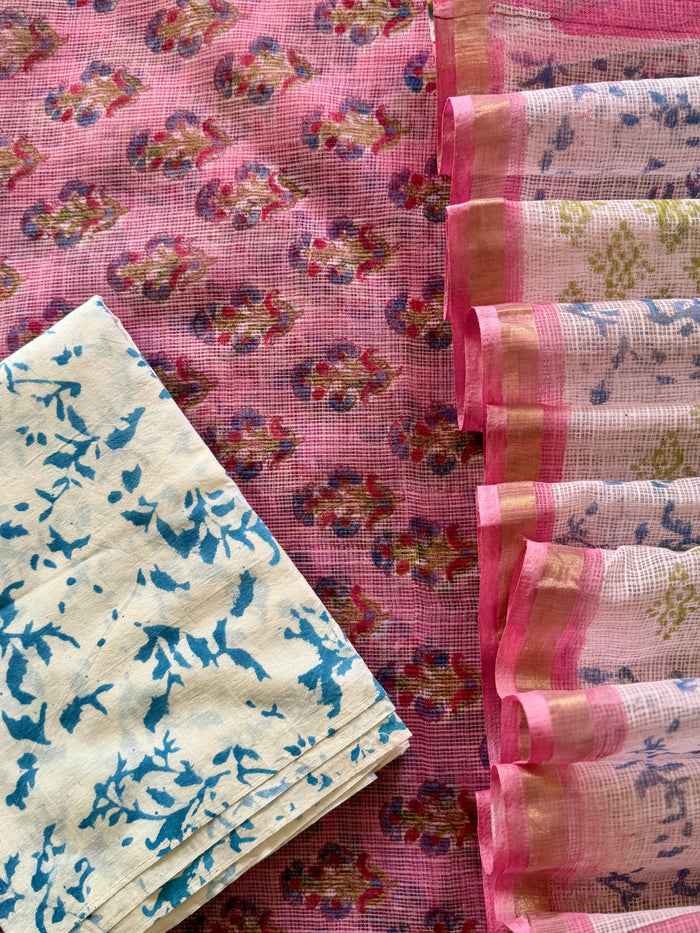 Pink Purple Floral Kota- 3 Piece Suit Set