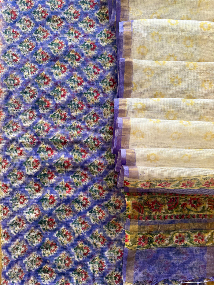 Purple White Floral Kota- 3 Piece Suit Set